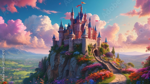 A whimsical painting of a fairy-tale castle perched on a hill, with colorful gardens and a dreamy sky, evoking a sense of wonder, Generative AI