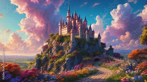 A whimsical painting of a fairy-tale castle perched on a hill, with colorful gardens and a dreamy sky, evoking a sense of wonder, Generative AI