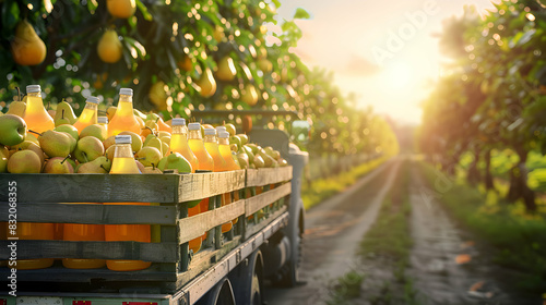 Cargo truck carrying bottles with pear juice in an orchard with sunset. Concept of food and drink production, transportation, cargo and shipping.