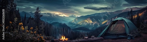 Serene mountain camping scene with a tent and campfire under a twilight sky, surrounded by lush forest and majestic peaks in the distance.