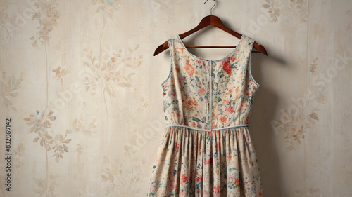 A vintage floral dress hanging gracefully on a wooden hanger against a neutral backdrop, its delicate patterns evoking a sense of nostalgia, Generative AI