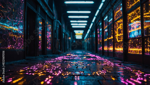 Bokeh image of a floor decorated with colorful neon 10