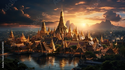 Breathtaking image capturing a sunset illuminating the golden spires of a Thai temple complex