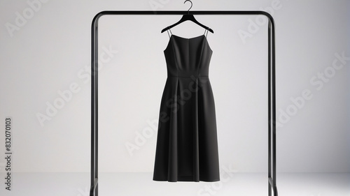 A chic little black dress hanging on a minimalist metal rack, embodying the perfect blend of simplicity and sophistication, Generative AI