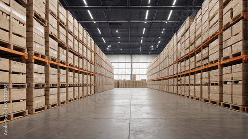 A spacious warehouse interior with rows of pallets stacked high, a bright and clean environment with efficient lighting, Generative AI