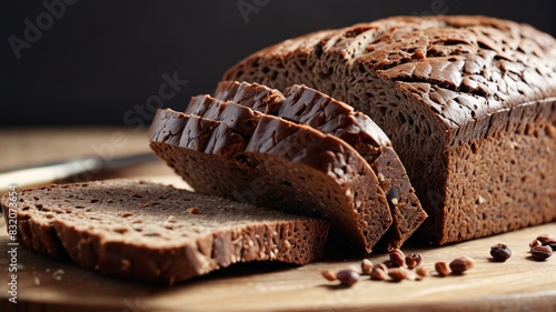 Dark rye bread, rich in fiber and nutrients, displayed in a health-conscious bakery, promoting wholesome eating habits, Generative AI