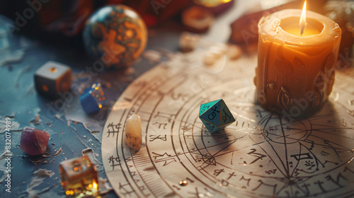 Zodiac wheel natal chart burning candle astrology dice