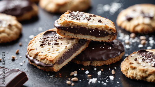 Crisp biscotti cookies dipped in dark chocolate and finished with a sprinkling of sea salt, an elegant treat for coffee breaks, Generative AI