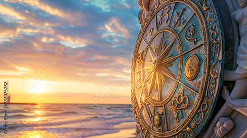 Zodiac wheel with 12 astrological signs and seascape 