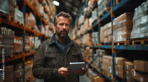 Warehouse accounting and bookkeeping. A middle-aged man stands in a warehouse with a tablet computer and checks the statements for the presence of goods