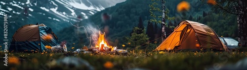 Camping scene with two tents and a campfire in a picturesque mountain setting, surrounded by nature and trees.