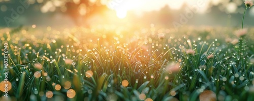 A serene sunrise over a meadow covered in morning dew