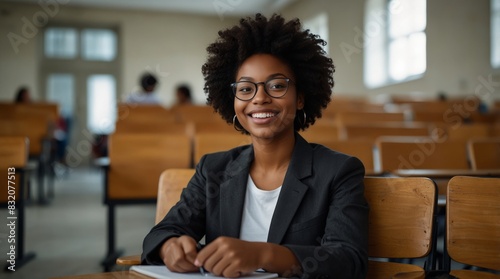 Portrait of an black afro American happy university female student sitting in a college lecture hall