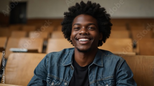 Portrait of an black afro american happy university student sitting in a college lecture hall