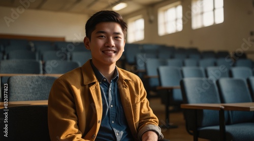 Asian happy university student sitting in a college lecture hall