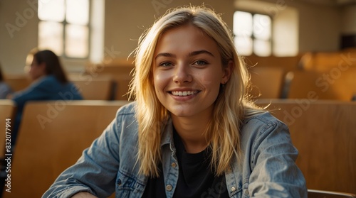 Smiling female student sitting in a college, university lecture hall