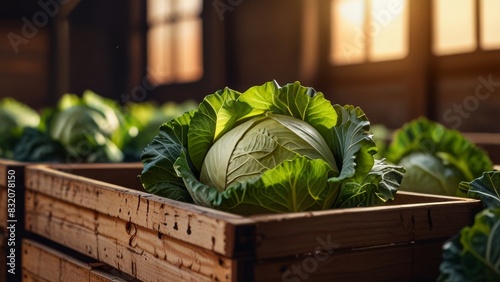 Ripe organic cabbage stored in wooden crates at warehouse with blurred background and space for text, close up.