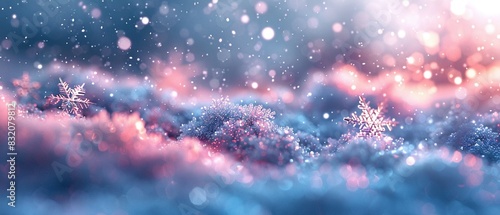 Snowflakes in fluffy snow with sparkles, white, pink, and blue tones, digital watercolor, soft and dreamy, high detail