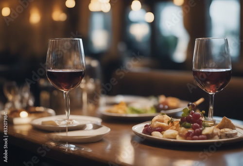 Elegant and select restaurant table Wine Glass and appetizers on the bar table Soft light and roman