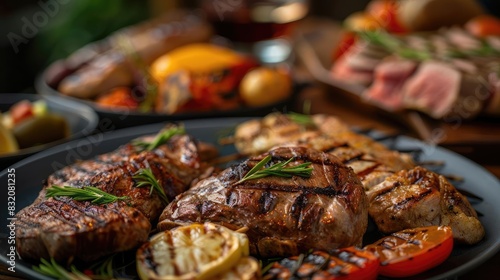 Close-up of succulent grilled steaks with vegetables on a plate, perfect for a BBQ or gourmet dining concept.