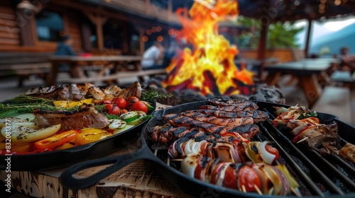 Outdoor barbecue with various grilled meats and vegetables by an open fire, creating a cozy atmosphere in a rustic setting.