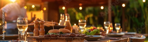Outdoor dining table setup with delicious food, drinks, and warm lighting ready for a summer evening meal.