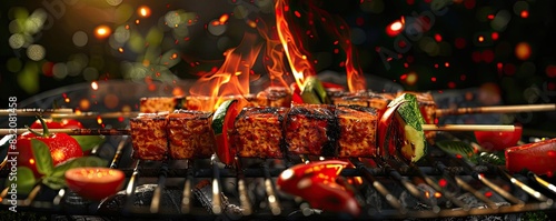 Close-up of sizzling barbecue skewers grilling on an open flame, with vibrant vegetables and succulent meat, perfect for a summer cookout.
