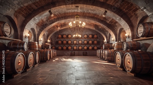 Realistic image of a traditional wine cellar with vintage wooden barrels