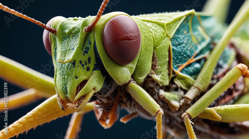 Up-close shot of a mutated grasshopper with irregular body patterns and abnormal growths, illustrating the unnatural changes caused by genetic mutation, Generative AI