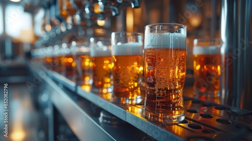 Close-up of beer glasses being filled from tap in brewery