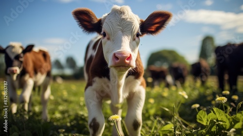 a calf standing in a green field looking at the camera with blurred cows and trees in the background.