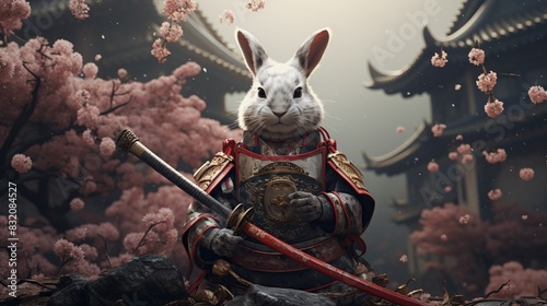 A rabbit wearing samurai armor is standing in a field of cherry blossoms, holding a sword.