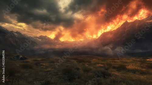 Dramatic mountain landscape with fiery sunset in a valley