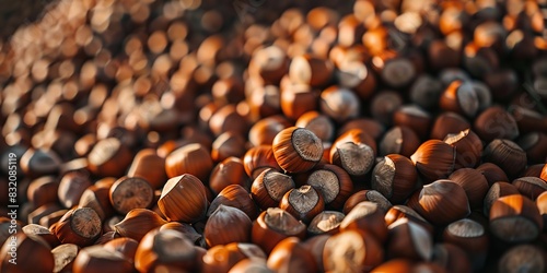 Hazelnuts harvest. Filbert wallpaper. Full frame of hazel in the shell. Cobnut background. A lot of nut kernels. Healthy organic bio products. Vegetarian, vegan, raw food. Back to nature. Healthy fat