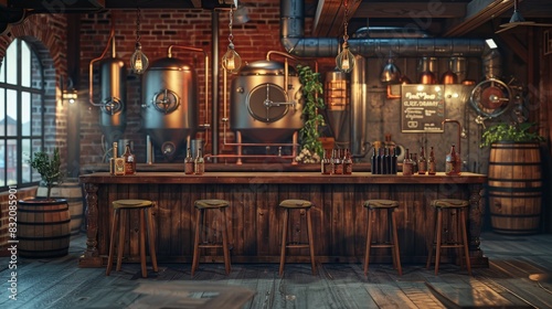 The interior of a bar or pub with a brick wall and wooden bar counter and stools.