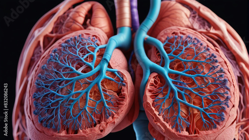 Macro photograph capturing the intricate details of human lung anatomy, highlighting the branching bronchial tubes and delicate alveoli, Generative AI