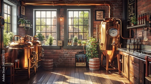 The photo shows a beautiful distillery with wooden walls and large windows
