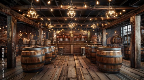 The photo shows the interior of a rustic bar with wooden barrels, a bar counter and shelves with bottles.