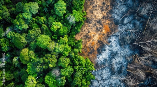 Aerial view of deforestation in a tropical rainforest with patches of bare land and remaining trees, highlighting the impact of climate change on forests