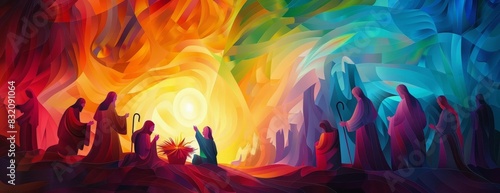 A vibrant, abstract painting depicting a religious scene with figures gathered around a central light source.