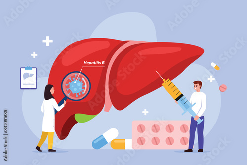 Vector illustration of liver damage by hepatitis b virus. Cartoon scene of doctors treating liver affected by hepatitis b virus, bullous magnifier, syringe, pills isolated on blue background.