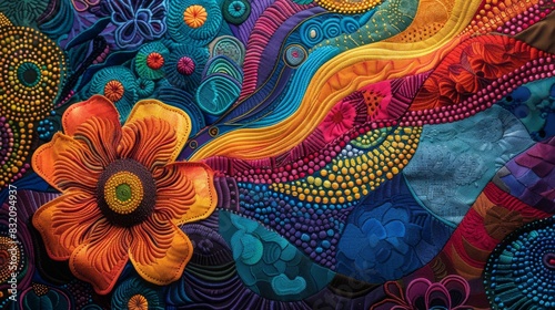 Vibrant Color Explosion in Intricate Machine Embroidery: Artistic Masterpiece for Textile Enthusiasts