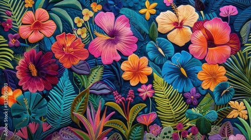 Vibrant Tropical Escape: Exotic Machine Embroidery Artwork Infusing Paradise Vibes
