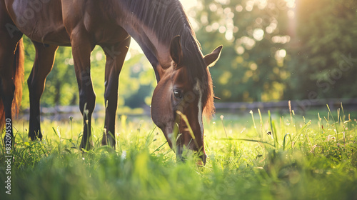 Beautiful horse grazing on green grass in paddock 