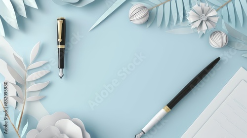 3D product display background featuring a classic fountain pen, surrounded by elegant stationary, in a paper art style with ample space for text