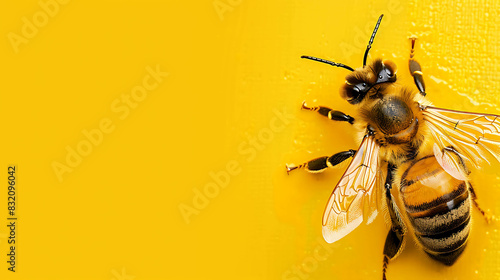 A bee on a yellow background. The bee is in focus and the background is blurred. The bee is facing the viewer.