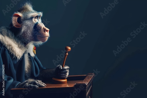 A baboon dressed as a judge with a robe and gavel, standing next to a podium, against a dark blue background with copy space