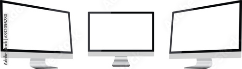 Set of Realistic illustration of black computer LCD monitor with silver stand and blank transparent isolated screen. Group TV mock up