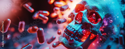 skull with glowing red eyes and an open mouth is surrounded by pills in the air. Drug addiction, overdose and deadly pharmaceuticals concept. With copy space