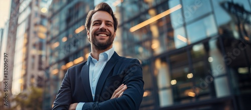 Successful Caucasian Businessman Smiling with Crossed Arms, Corporate Buildings, Confidence, Leadership, Motivation, Low-Angle Shot, Copy Space.